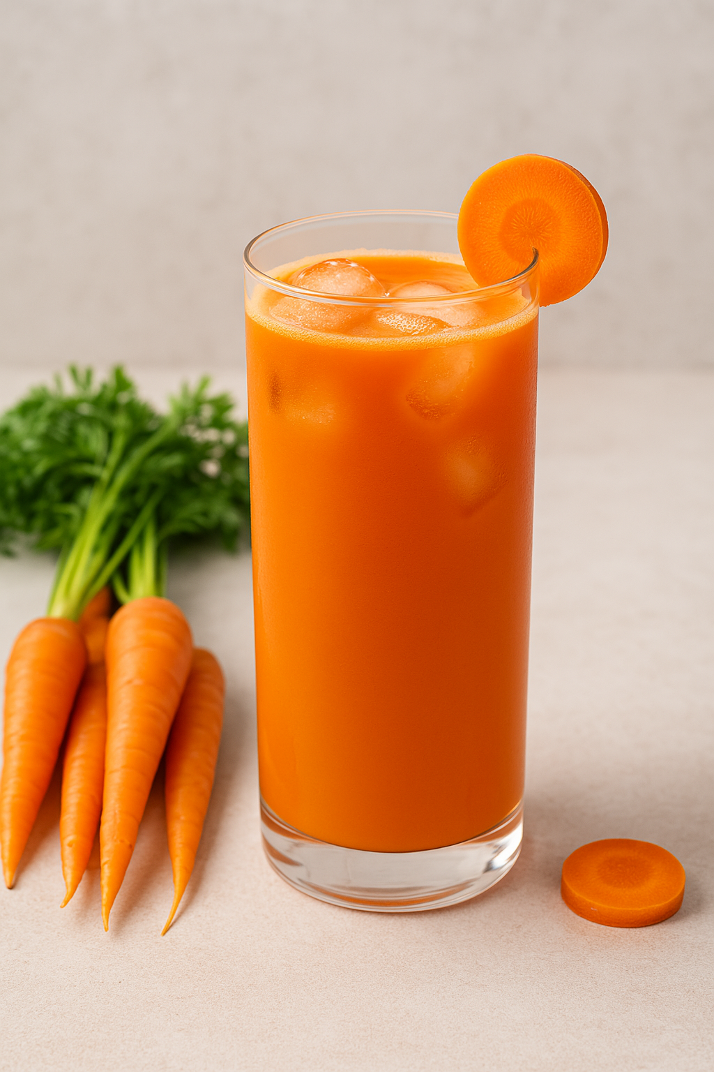 Carrot orange drink recipe card showing ingredients and instructions for a healthy, immune-boosting beverage made with boiled carrots, ginger, oranges, and lemon.