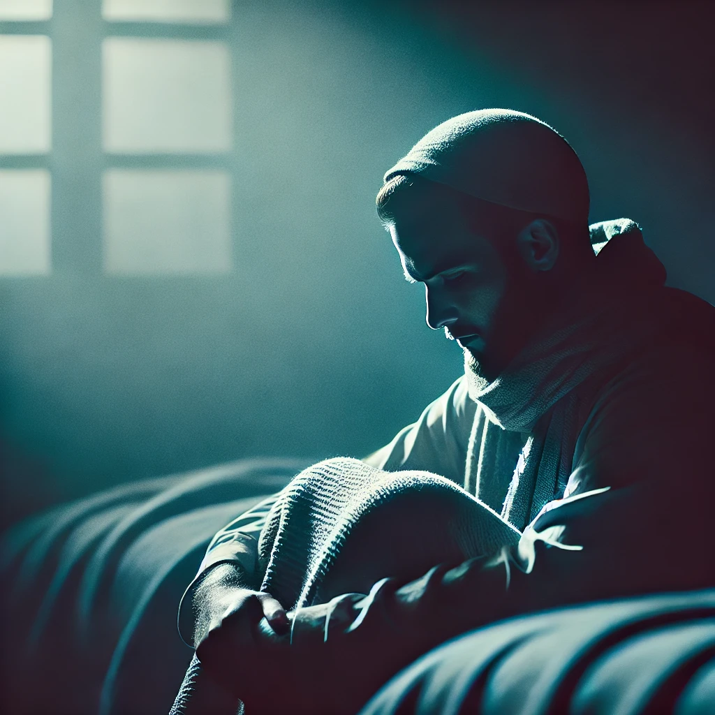 Under the Covers song lyrics - moody image of a person sitting under a blanket in a dimly lit room, feeling lost in thought.