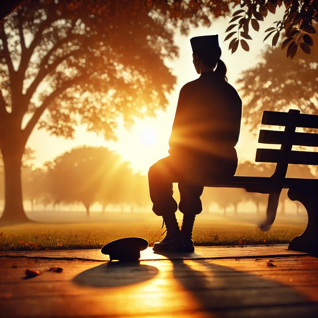 A veteran sitting alone, reflecting, symbolizing the isolation many feel after military service.