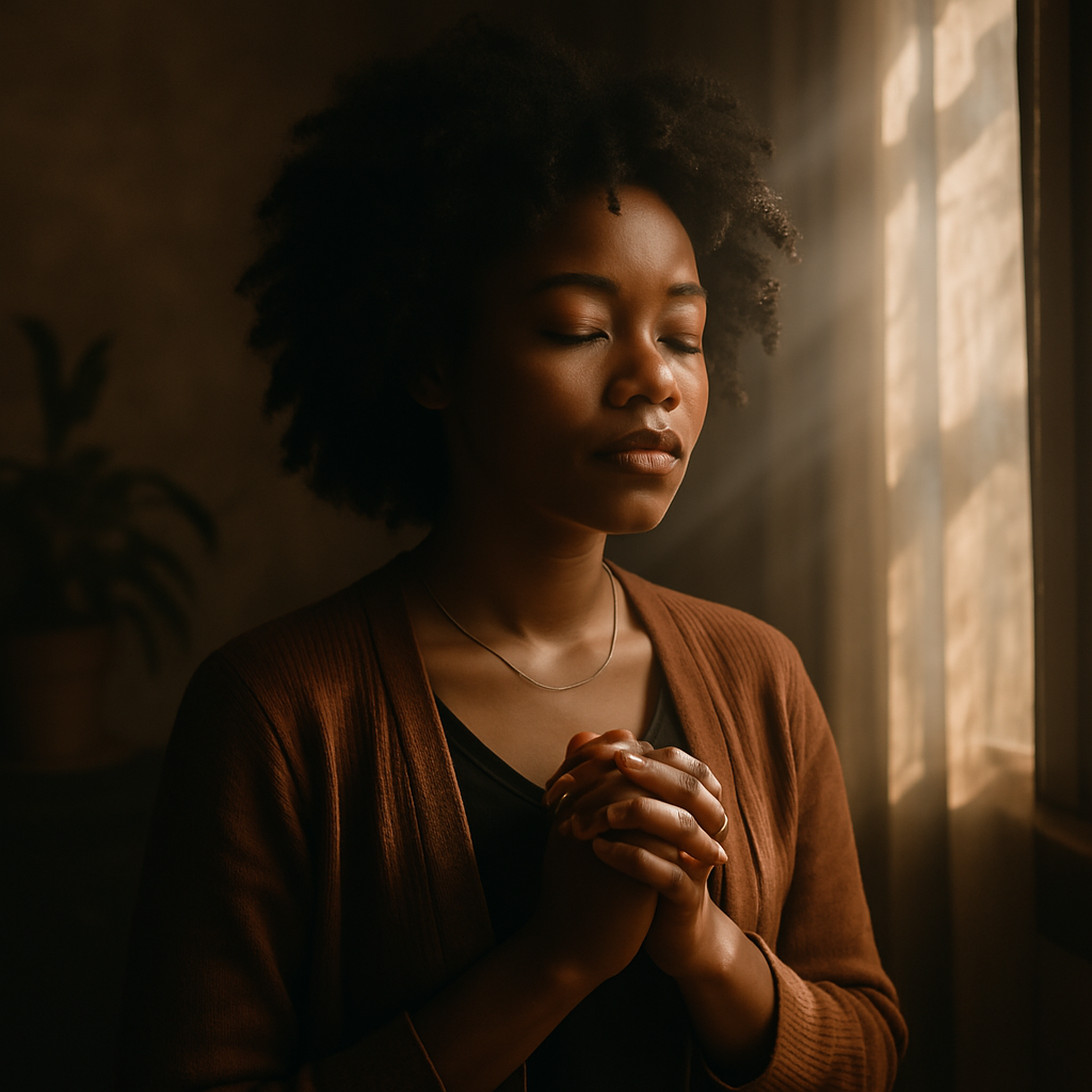 A young Black woman standing peacefully in sunlight, hands clasped in front of her, with a calm and healing expression.

