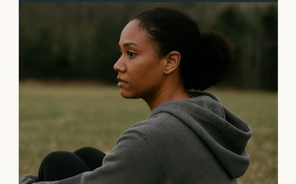 A female Army veteran sits quietly in a grassy field, wearing a gray hoodie. Her expression is serious and reflective, symbolizing silent strength and the invisible weight of her service.