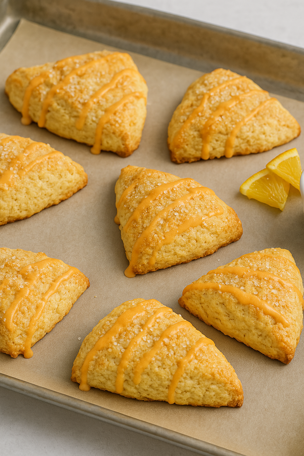 Golden orange soda scones topped with orange glaze and coarse sugar, arranged on a parchment-lined baking tray with fresh orange slices on the side.
