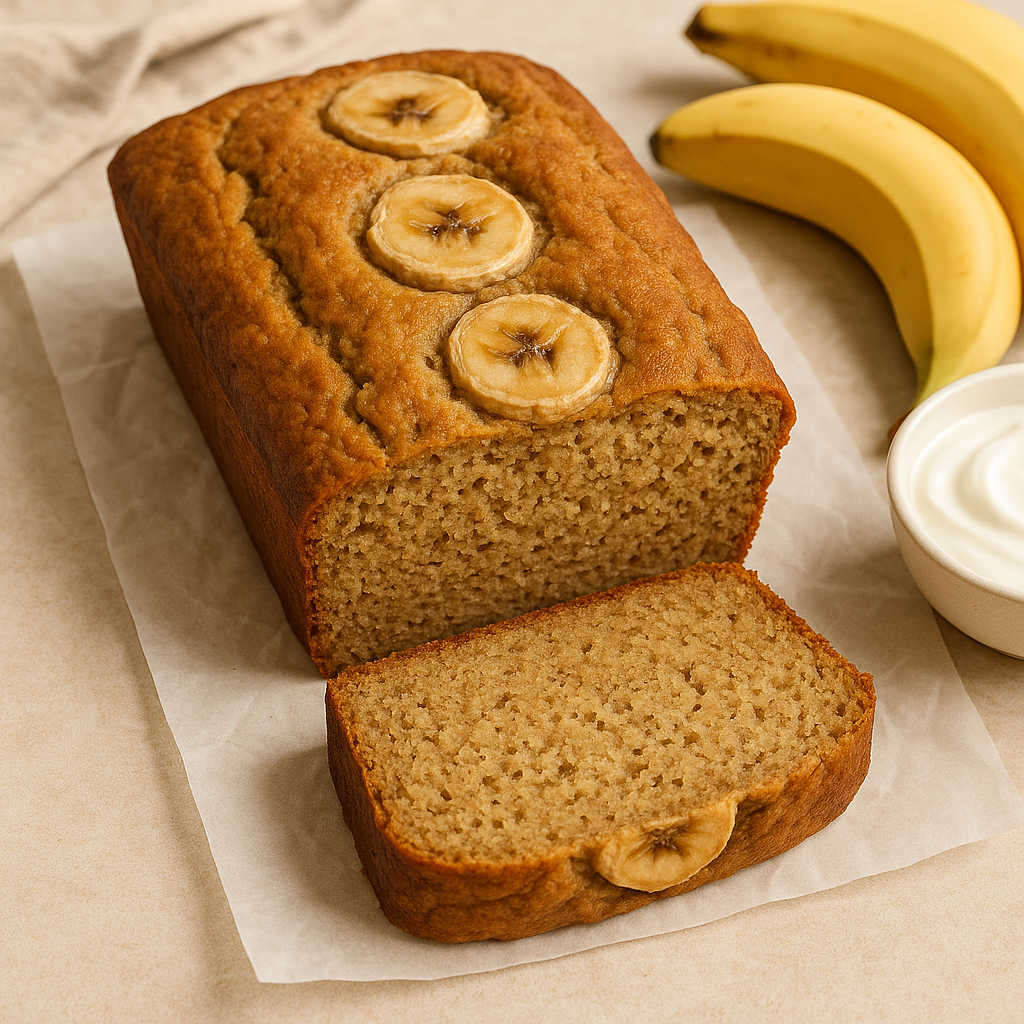 A moist loaf of protein banana bread topped with banana slices, with one slice cut to show its soft, tender texture; surrounded by ripe bananas, Greek yogurt, and a linen cloth for a cozy, wholesome presentation.