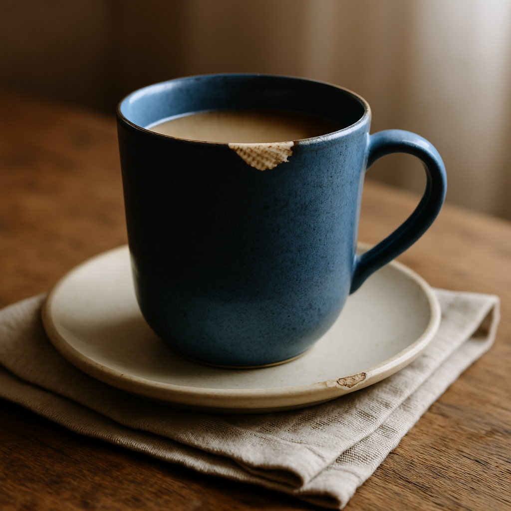 Chipped blue ceramic mug on saucer with soft linen, symbolizing beauty in imperfection