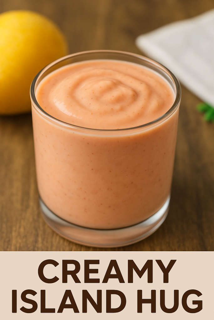 A thick tropical smoothie served in a clear glass, made with banana, peanut butter, and yogurt, resting on a rustic wooden surface with soft natural lighting.